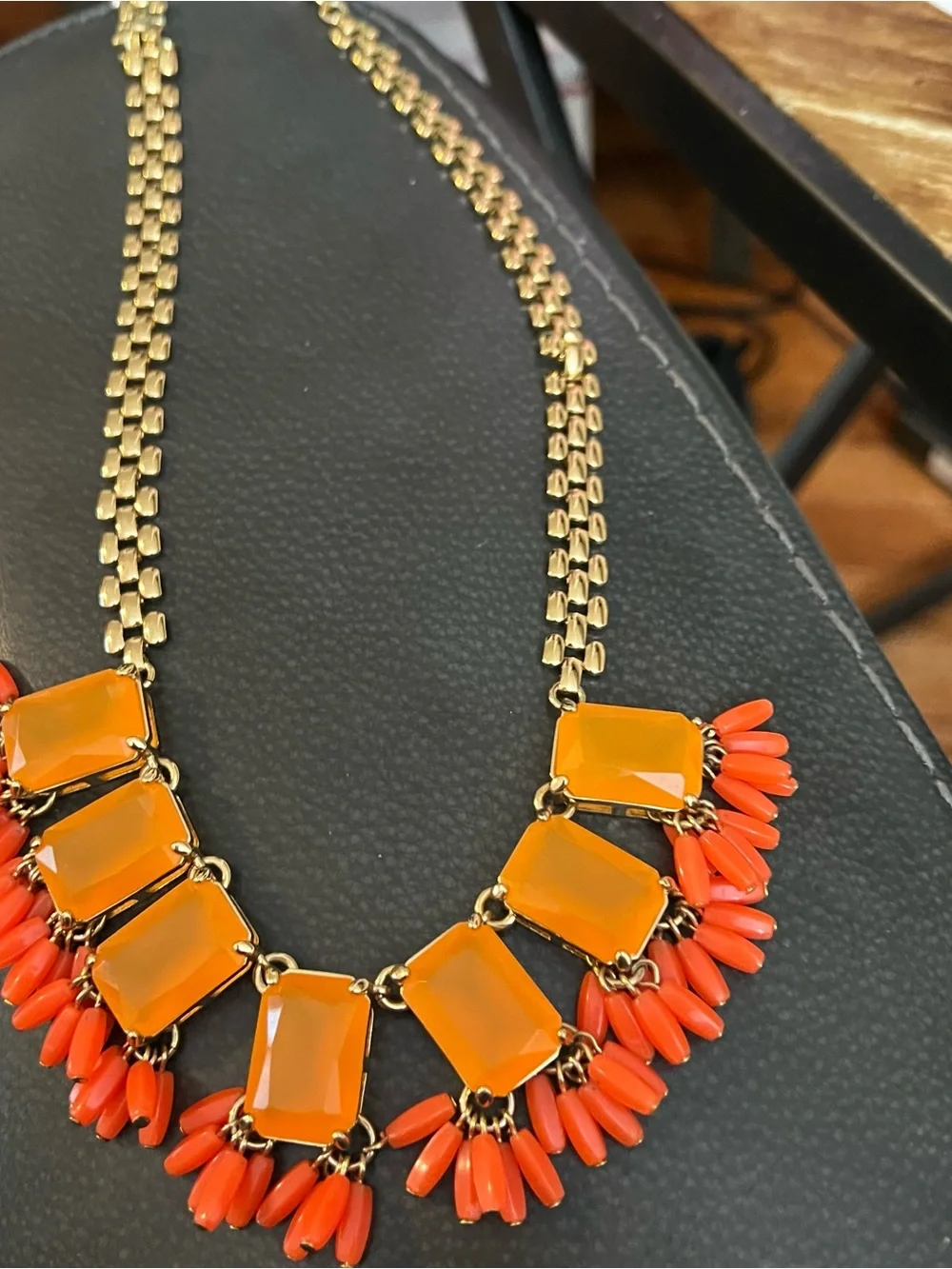 Gold Statement Necklace with Orange and Coral Accents J Crew.